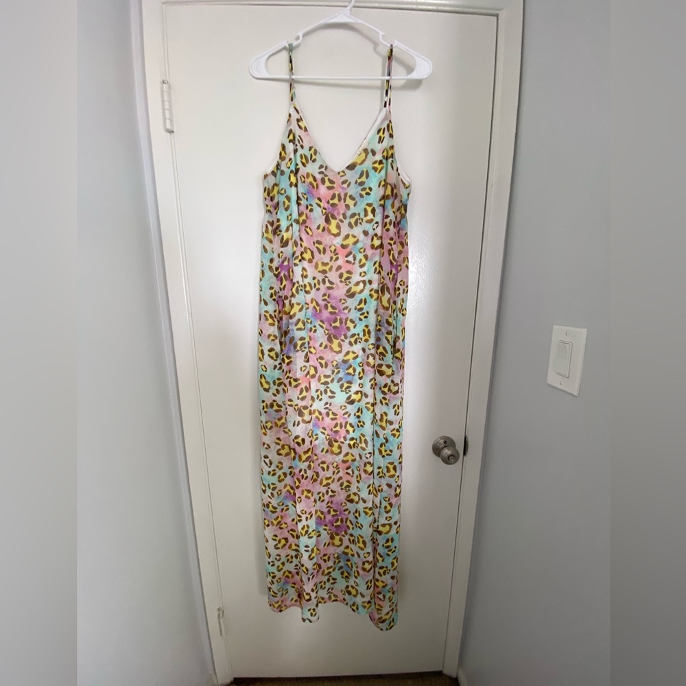 Peach love California maxi dress pink,blue,yellow,brown watercolor cheetah print